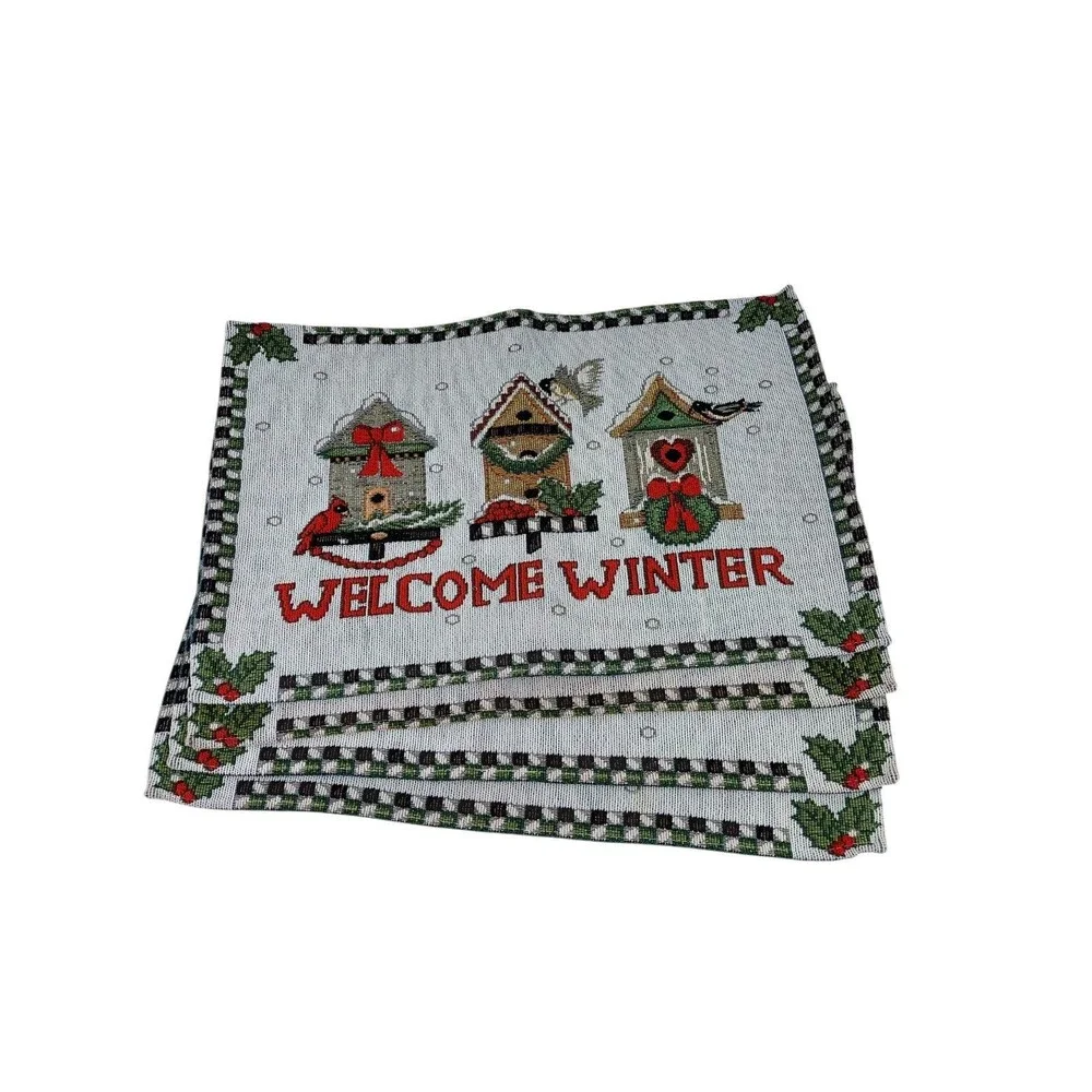 Winter Tapestry Bird House Happy Holidays 4 Placemats  18x12
